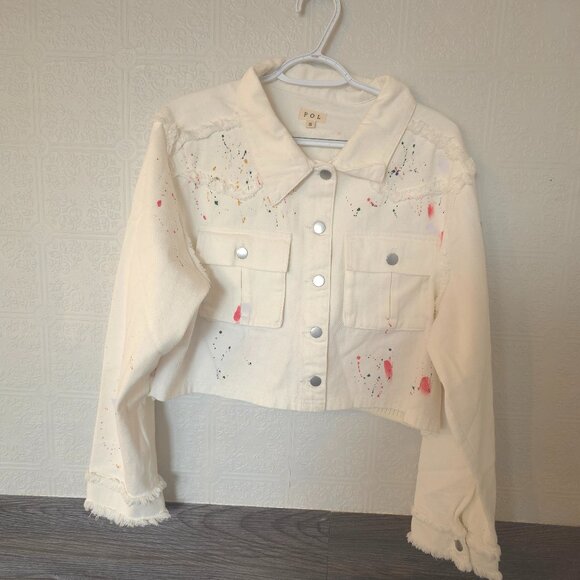 Jackets & Blazers - NWT POL Cropped Denim Jacket Paint Splatter Distressed Fringe Size Small